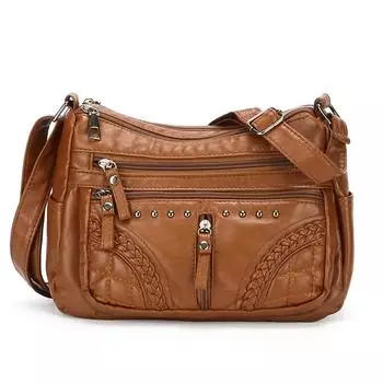 Мягкая кожаная многослойная сумка через плечо Простая элегантная, модная повседневная и легкая сумка для мам коричневый