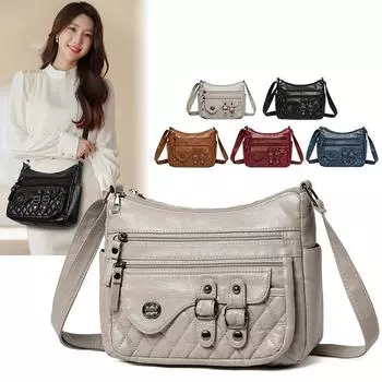 Мягкая кожаная многослойная сумка через плечо женская сумка через плечо с множеством карманов сумка для матери чёрный