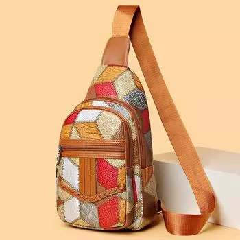 Мягкая кожаная нагрудная сумка с цветными блоками, женская легкая сумка через плечо коричневый