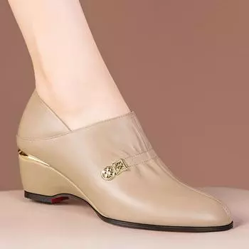 Мягкая кожаная обувь с острым толстым каблуком, маленькая кожаная обувь с глубокой боковой молнией, универсальная, модная и удобная, на танкетке, кожаная обувь 34