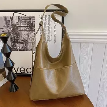 Мягкая кожаная ретро-сумка-тоут женская 2024 новая текстура универсальная сумка-мессенджер повседневная большая вместительная сумка через плечо для поездок на работу чёрный