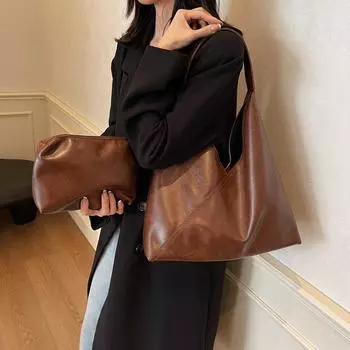 Мягкая кожаная ретро-сумка женская большая вместительная сумка через подмышку сумка для поездок на работу коричневый