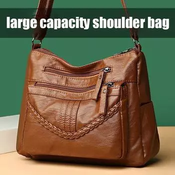 Мягкая кожаная сумка через плечо, многослойная повседневная портативная сумка через плечо большой емкости для женщин чёрный