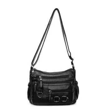 Мягкая кожаная сумка через плечо Женская сумка для поездок на работу Мамина сумка Многослойная сумка кроссбоди чёрный