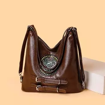 Мягкая кожаная сумка через плечо, женская сумка через плечо, вместительная многофункциональная сумка-рюкзак для трех видов использования кофейный