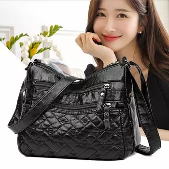 Мягкая кожаная сумка для мамы, женская ромбовидная сумка через плечо, маленькая сумка через плечо, сумка среднего возраста чёрный