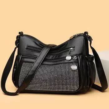 Мягкая кожаная сумка для мамы, женская сумка через плечо, многослойная сумка с бриллиантовой сумкой для мобильного телефона 9611-2