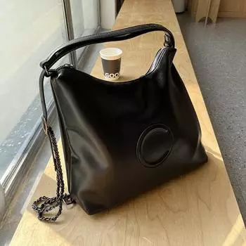 Мягкая кожаная сумка-тоут женская 2024 осень новая большая вместимость одно плечо подмышечная сумка цепочка рюкзак чёрный