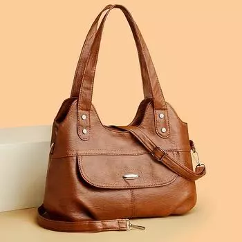 Мягкая кожаная сумка-тоут женская большая вместительная сумка через плечо для мам среднего возраста чёрный