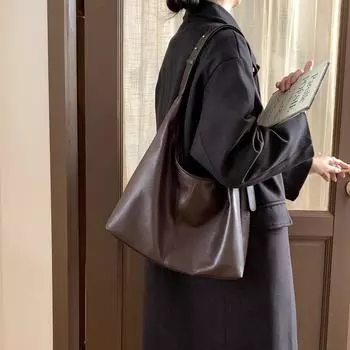 Мягкая кожаная сумка-тоут, женская винтажная сумка из натуральной кожи премиум-класса, большая вместительная сумка через плечо One Size чёрный