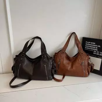 Мягкая кожаная сумка, винтажная однотонная сумка на плечо, женская большая вместительная сумка для поездок на работу коричневый