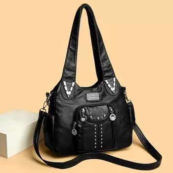 Мягкая кожаная сумка женская 2024 новая модная универсальная сумка через плечо из потертой кожи для женщин среднего возраста повседневная сумка для мам чёрный