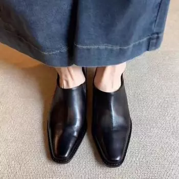 Мягкая кожаная версия ретро-туфли на толстом каблуке с острым носком, женские новые британские туфли на одну педаль с высоким каблуком 36 чёрный