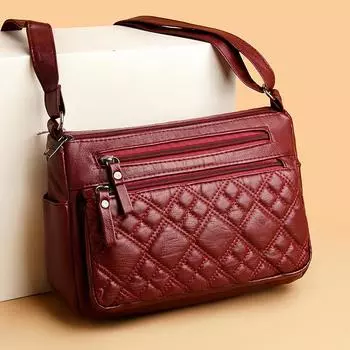 Мягкая кожаная женская сумка через плечо, многослойная сумка через плечо большой емкости коричневый