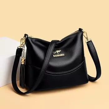 Мягкая кожаная женская сумка, многослойная сумка через плечо с кисточками, модная сумка через плечо, большая вместимость, женская сумка для мам среднего возраста чёрный