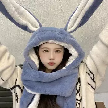 Мягкая, милая, большие длинные кроличьи уши, флисовая теплая шапка, шарф, встроенные перчатки, осенне-зимняя шапка Lei Feng, женская флисовая шапка фиолетовый