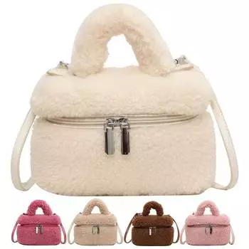 Мягкая модная сумка через плечо из искусственного меха, осенне-зимняя пушистая маленькая сумка, трендовая шерстяная сумка с ручкой сверху, женская сумка-ведро большой вместительности бежевый