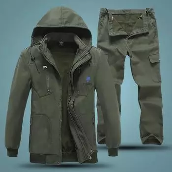 Мягкая оболочка куртка и брюки мужские зимние плюс бархатные толстые теплые куртки открытый походный костюм рыболовный костюм M камуфляжный