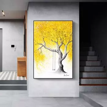 Мягкая осенняя картина на холсте, абстрактное желтое дерево, акварельная живопись, постеры и принты для декора гостиной, Cuadros 21cm30cm NoFrame
