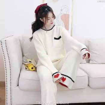 Мягкая пижама для женщин на осень и зиму, утолщенная теплая трикотажная куртка с рисунком медведя, замедляющая старение, комплект домашней одежды One Size бежевый