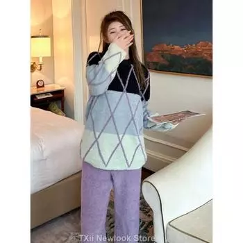 Мягкая пижама женская осень и зима новый простой свободный повседневный полубархатный утолщенный теплый домашний комплект одежды One Size