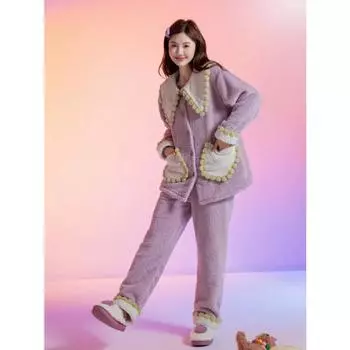 Мягкая пижама женская осень и зима новый полубоковой бархат милый кукольный воротник кардиган домашняя одежда One Size