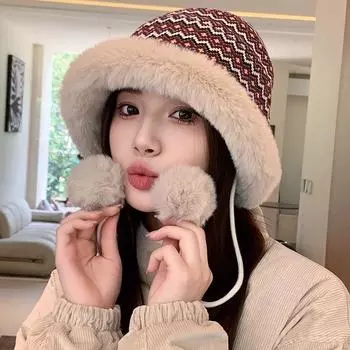 Мягкая плюшевая подвесная шапка в стиле ретро с лицом, маленькая, на осень и зиму, универсальная, теплая, для защиты ушей, вязаная шапка для детей в этническом стиле, флисовая, толстая M56-58cm