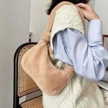 Мягкая плюшевая сумка на одно плечо, пушистая, осенне-зимняя, на молнии, элегантная, однотонная белый