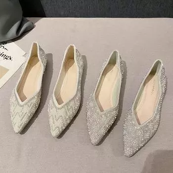 Мягкая подошва, мягкая поверхность, женские туфли 2024 года, новые туфли с мелким носком, стразы, жемчужные туфли на плоской подошве с острым носком, женские W8822-17 35 абрикосовый