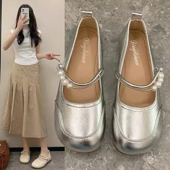 Мягкая подошва одинарные туфли женские летние серебристые туфли Мэри Джейн с закрытым носком жемчужные туфли на плоской подошве Lazy Bean нескользящие 35 коричневый