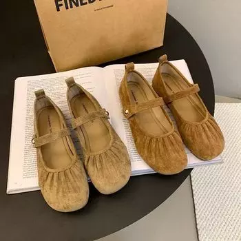 Мягкая подошва с круглым носком, одна педаль, бабушкины туфли, легкие туфли, неглубокий носок, французские туфли с плоским дном, плиссированные, женские, осень 2024 г. 35