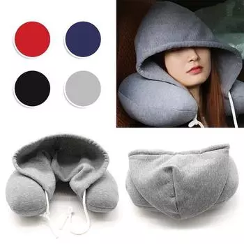 Мягкая подушка с капюшоном для путешествий, подушка для автомобиля, офиса, самолета, подголовник, поддержка шеи, U-образная форма 30x29x9cm чёрный