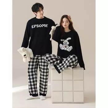 Мягкая полубархатная осенне-зимняя парная пижама - теплый женский комплект и мужская домашняя одежда M