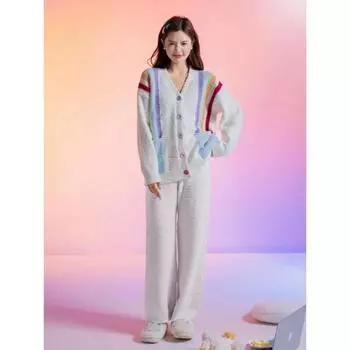 Мягкая полубархатная пижама в радужную полоску для женщин, осенне-зимний кардиган из бархата кораллового цвета с V-образным вырезом, домашняя одежда One Size