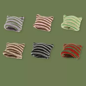 Мягкая японская шапка-бини Ins Little Devil, полосатая вязаная шерстяная шапка, осенне-зимняя милая кошачьи уши, острый пуловер, женские шапки 56-58cm