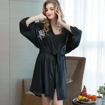 Мягкая шелковая атласная пижама с принтом розового цвета, женская, тонкая, весенне-летняя, сексуальная, со шнуровкой, домашняя пижама L чёрный