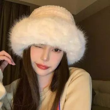 Мягкая широкополая шляпа рыбака с изображением лица, детская зимняя теплая защитная шляпа для ушей, двухслойная утолщенная шляпа-ведро M56-58cm белый