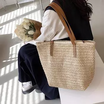 Мягкая соломенная сумка через плечо для женщин, большая вместительная сумка-мессенджер, богемная пляжная сумка, повседневные сумки 32*14*33cm хаки