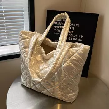 Мягкая сумка через плечо с подкладкой для женщин с ромбовидным узором из мягкой нейлоновой ткани 42x32x13cm чёрный