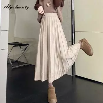 Мягкая Теплая Осенне-Зимняя Женская Миди Плиссированная Юбка с Высокой Посадкой Черная Бежевая Вязаная Юбка Базовая Универсальная Элегантная Вязаная Женская Юбка Женская One Size