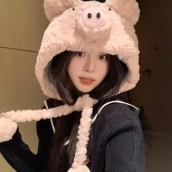 Мягкая теплая плюшевая шапка в виде свиньи с ушками, забавная шапка в виде свиного ушка, флисовая подкладка, тепловая зимняя шапка для взрослых и подростков