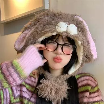 Мягкая теплая шапка с ушками кролика Y2k, пушистая защитная шапка для ушей, милая шапка с ушками кролика для девочек белый