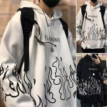 Мягкая толстовка с капюшоном и принтом пламени на рукавах, шляпа с капюшоном, длинный мужской свитер, теплый свободный бедер 2XL чёрный