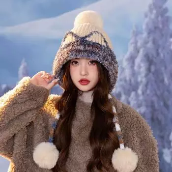 Мягкая универсальная вязаная шапка осень-зима, новая, милые кошачьи ушки, утолщенные защитные наушники, теплая шерстяная шапка с большими полями Elastic (55-60cm) белый