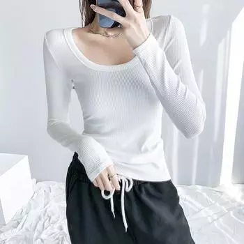 Мягкая, вощеная, высокоэластичная и тонкая хлопковая футболка с U-образным вырезом, женская облегающая футболка с длинными рукавами и низом S