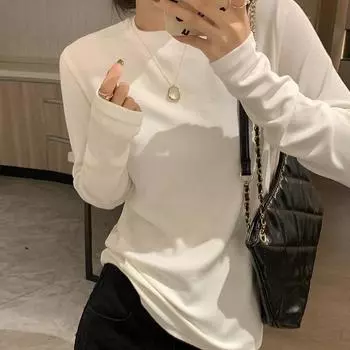 Мягкая восковая маска однотонная футболка женская с длинными рукавами осень-зима новая круглая горловина простая внутренняя многослойная рубашка свободный многослойный топ S