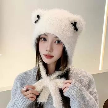 Мягкая защитная шапка для ушей для женщин с кошачьими ушками, шапка-бомбер с бантом, осенне-зимняя, теплая, вязаная шерстяная шапка бежевый