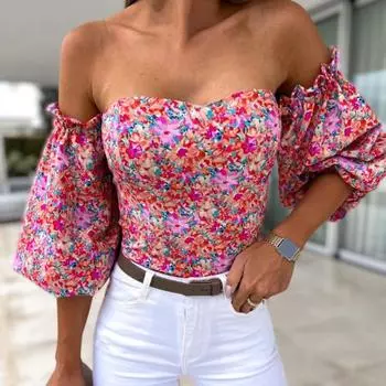 Мягкая женская блузка с открытыми плечами и цветочным принтом на спине, пуловер с рукавами-фонариками, клубная одежда M фиолетовый