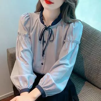 Мягкая женская блузка в корейском стиле с нежным дизайном, идеально подходящая для любого случая M синий