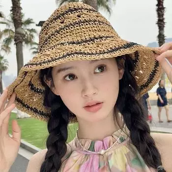 Мягкая женская новая полосатая соломенная шляпа ручной работы, женская маленькая свежая широкополая шляпа от солнца ручной работы M56-58cm бежевый
